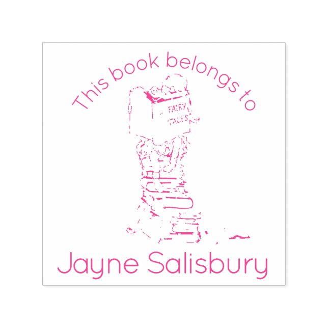 flicka som läser bokar namn-ungar bibliotek frimär självfärgande stämpel (Design)