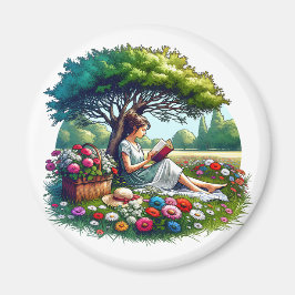 Flicka som läser under ett träd omgiven av blommor magnet