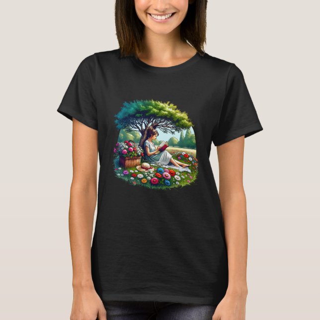 Flicka som läser under ett träd omgiven av blommor t shirt (Framsida)