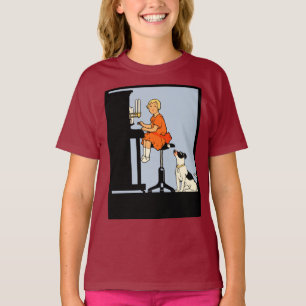 Flicka som leker pianot, hund, retro stil tröja