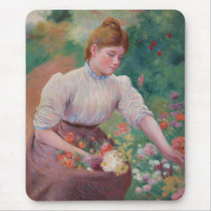 Flicka som plockar blommor i en sommarsalong musmatta
