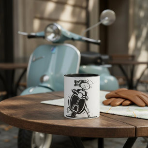Flicka som rider en sparkcykelmugg mugg