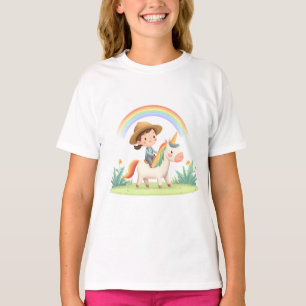 Flicka som rider enhörning under regnbåge – Söt fa T Shirt