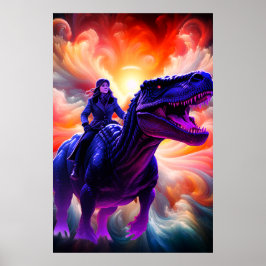 Flicka som rider på dinosaurie för vuxna + Barnens Poster