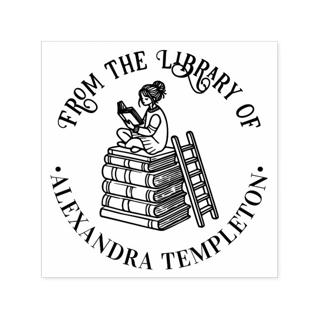 Flicka som sitter på böcker läser #3 Biblioteksbok Självfärgande Stämpel (Design)