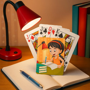 Flicka som studerar vid skrivbordet och gör läxor casinokort