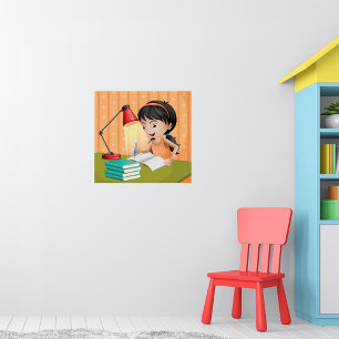 Flicka som studerar vid skrivbordet och gör läxor poster