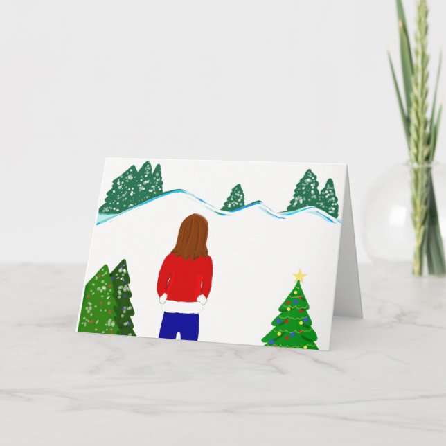 Flicka som tittar på snöiga berg helgkort (Framsida)