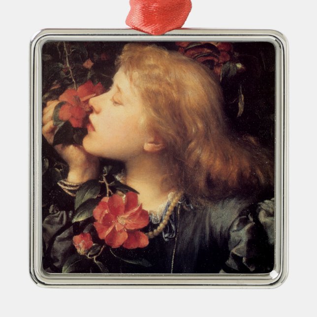 Flicka som väljer en vacker blomma (av G.F. Watts) Julgransprydnad Metall (Framsidan)