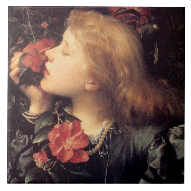 Flicka som väljer en vacker blomma (av G.F. Watts) Kakelplatta (Framsidan)