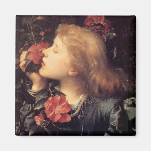 Flicka som väljer en vacker blomma (av G.F. Watts) Magnet (Framsidan)