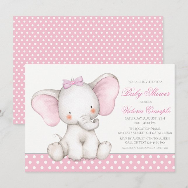 Flicka Söt Elefant Baby Shower Inbjudningar (Fram/baksida)