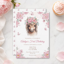 Flicka Söt Rosa Blommig Häst Första Födelsedag