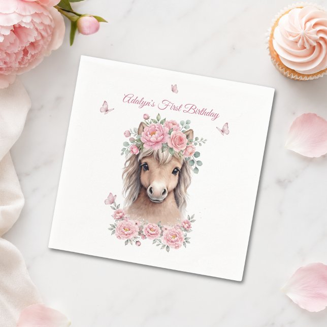 Flicka Söt Rosa Blommig Häst Första Födelsedag Pappersservett (Skapare uppladdad)