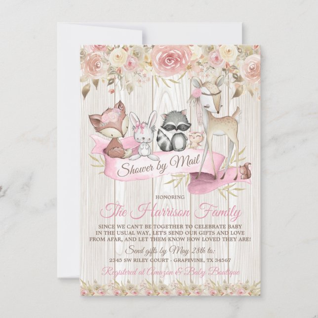 Flicka Söt Skogs Baby Shower Per Post Inbjudningar (Framsida)