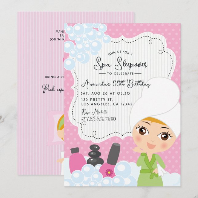 Flicka Spa Övernattning Födelsedagsfest Inbjudan (Fram/baksida)