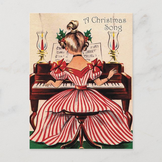 Flicka spelar julsång på piano, vintage vykort (Framsida)