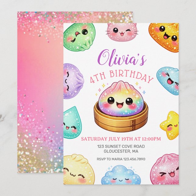 Flicka Squish Glitter Dumpling Födelsedagsfest Inbjudningar (Fram/baksida)
