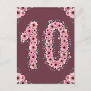 Flicka Stor 10-årsdag Rosa Blommor Grön Lövverk Vykort