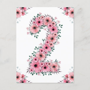 Flicka Stor 2-årsdag Rosa Blommor Grön Lövverk Vykort