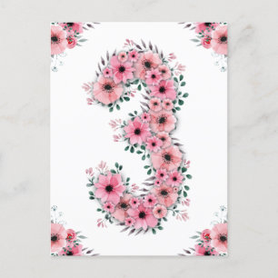 Flicka Stor 3-årsdag Rosa Blommor Grön Lövverk Vykort