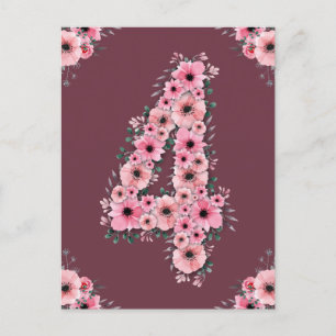 Flicka Stor 4-årsdag Rosa Blommor Grön Lövverk Vykort