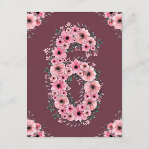 Flicka Stor 6-årsdag Rosa Blommor Grön Lövverk Vykort
