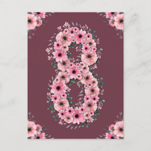 Flicka Stor 8-årsdag Rosa Blommor Grön Lövverk Vykort