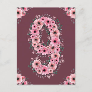 Flicka Stor 9-årsdag Rosa Blommor Grön Lövverk Vykort