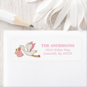 Flicka Stork Rosa Cute Baby Shower Returadress Etikett