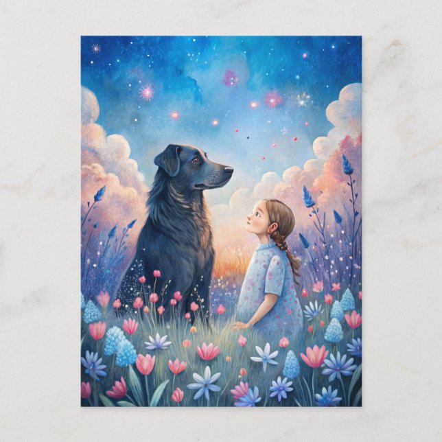 Flicka Svart Hund Stjärnklar Natt Himmel Vykort (Framsida)