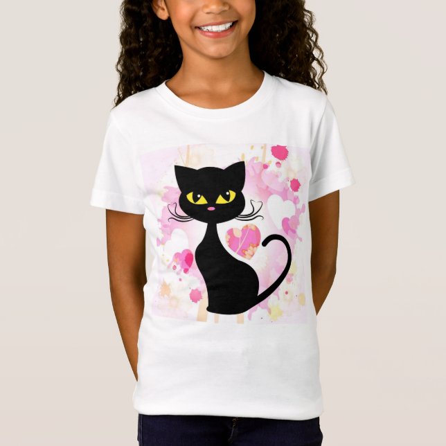 Flicka svart katt med den rosa hjärtaT-tröja T Shirt (Framsida)