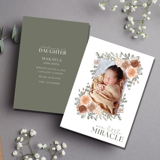 Flicka Sweet Blommigt Photo Birth Notice Meddelande (Baby Girl Sweet Floral Photo Birth Announcement)