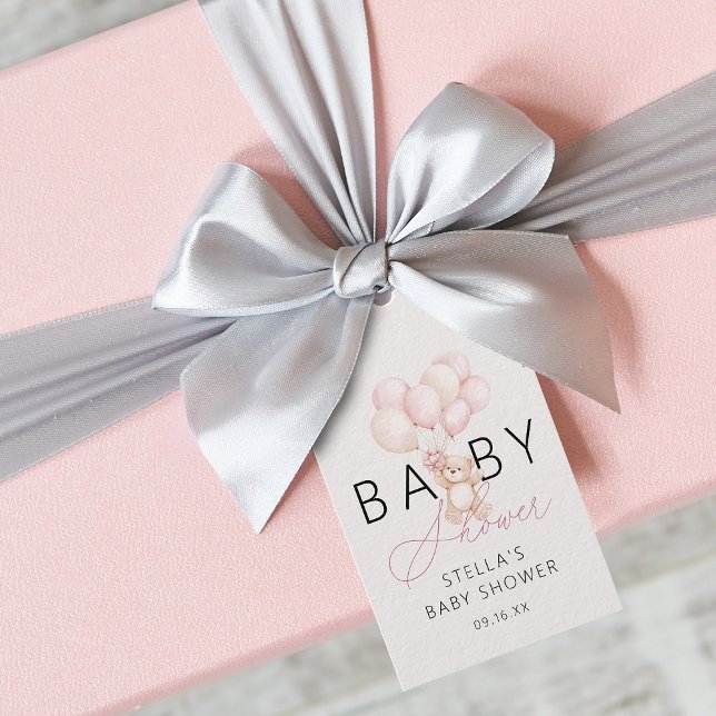 Flicka Teddybjörn Ballonger Baby Shower Presentetikett (Girl Teddy Bear Balloons Baby Shower Gift Tags)