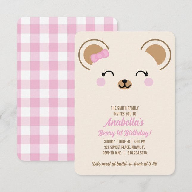 Flicka Teddybjörn Födelsedagsfest Inbjudan eller U (Fram/baksida)