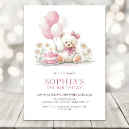 Flicka Teddybjörn med rosa ballonger 1-årsdag Inbjudningar