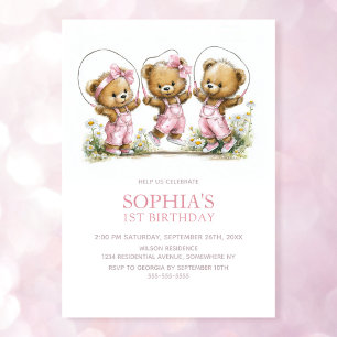 Flicka Teddybjörnar i rosa overall 1-årsdag Inbjudningar