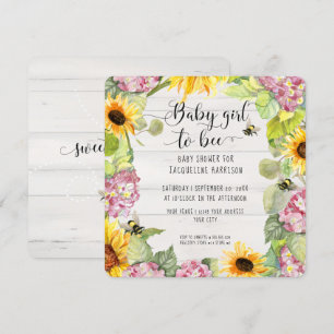 Flicka till Bee Solros Rosa Hydrangeas Shower Inbjudningar