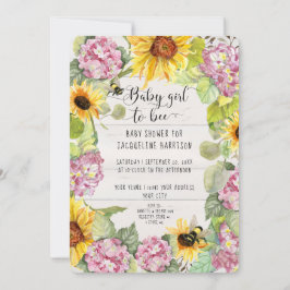 Flicka till Bee Solros Rosa Hydrangeas Shower Inbjudningar