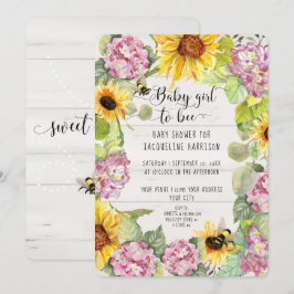 Flicka till Bee Solros Rosa Hydrangeas Shower Inbjudningar
