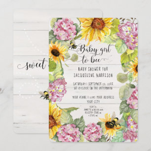 Flicka till Bee Solros Rosa Hydrangeas Shower Inbjudningar