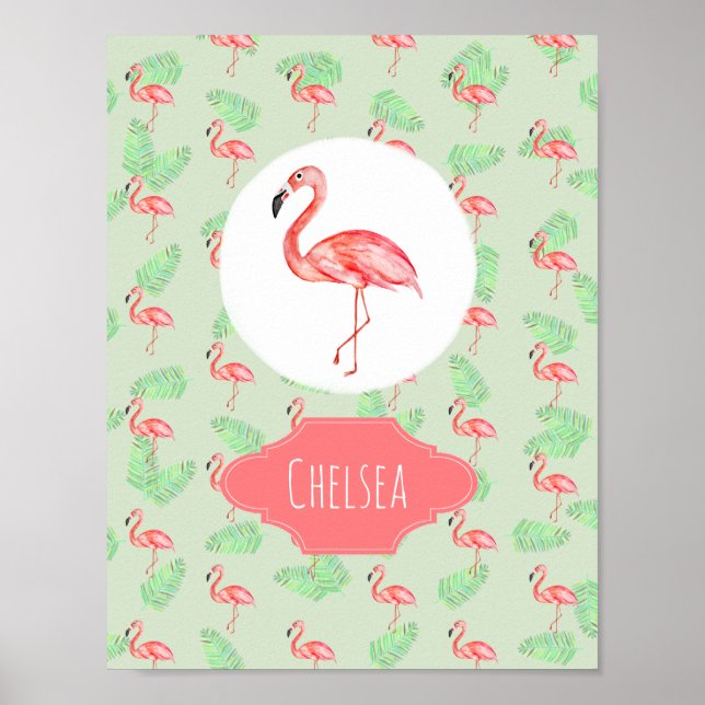 Flicka Tropical Rosa Flamingo Namn Nursery Poster (Framsidan)