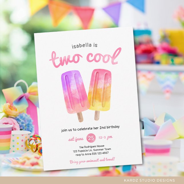 Flicka två Coolor Popsicle, sommardag i Party Inbjudningar (Invite shown in 5 x 7 inches with square corner, choose size, paper and corner style before checkout)