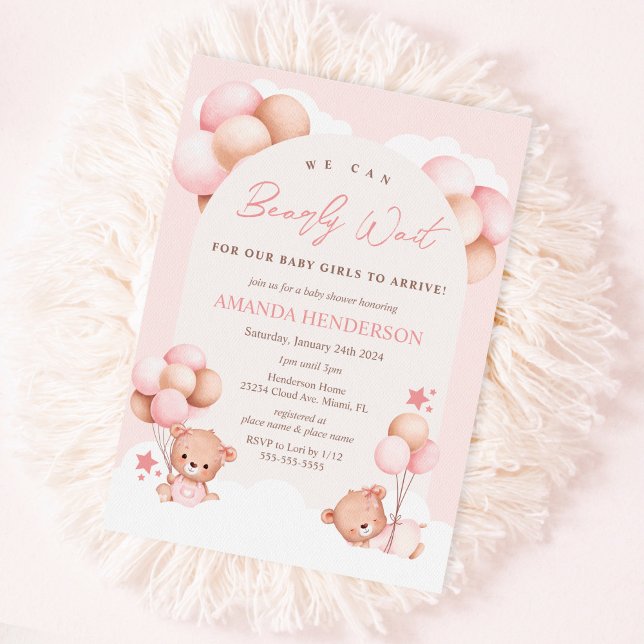 Flicka Tvillingar Teddybjörn Bebis Babyshower Inbj Inbjudningar (Skapare uppladdad)