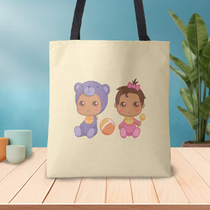 Flicka Twillingar Lila Bear Jumpdress på Gult Tot Tygkasse