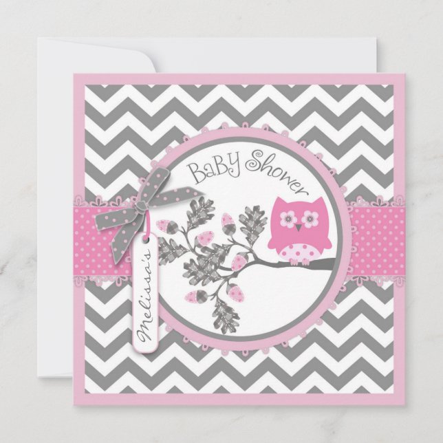 Flicka Uggla Chevron Print Baby Shower Inbjudningar (Framsida)