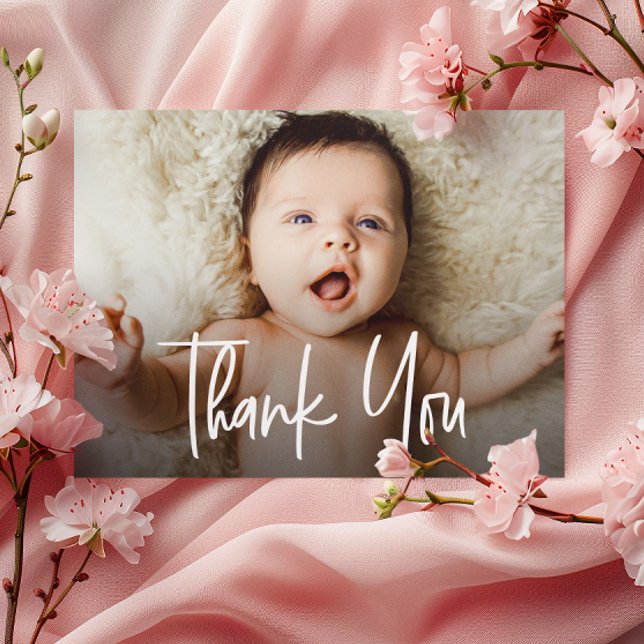 Flicka-Vågräts fotohanteringsskript Tack Kort (baby shower girl photo thank you card.)