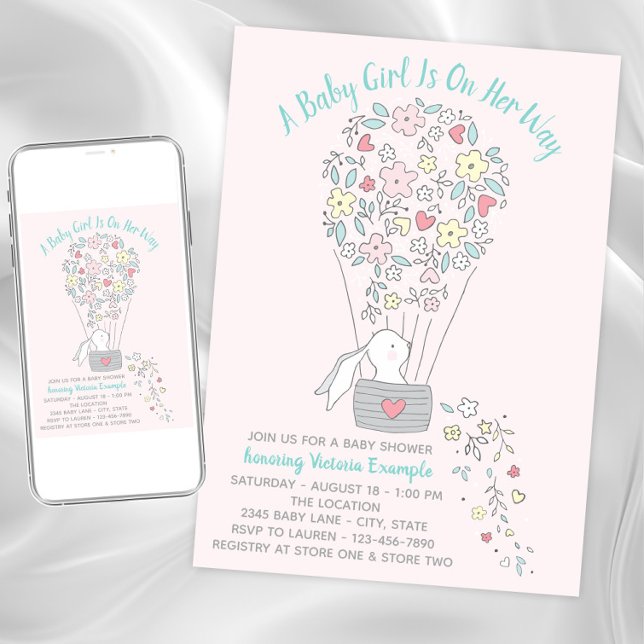 Flicka Varmt Luftballong Kanin Baby Shower Inbjudn Inbjudningar (Cute bunny baby shower invitation. Instant download and printed invitations available.)