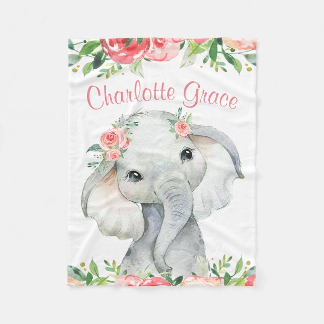 Flicka Vattenfärg Blommig Elefant Personlig Fleecefilt (Framsidan)