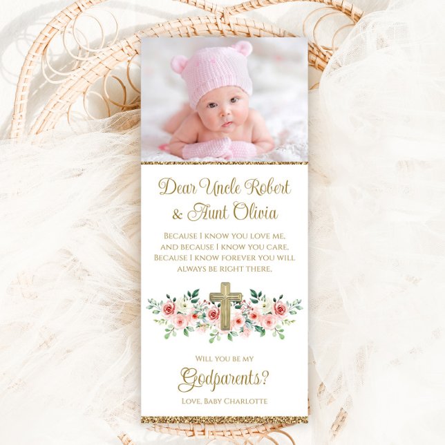Flicka Vattenfärg Blommig Kors Gudförälder  Inbjudningar (Pretty pink and gold photo Godparent invitation with watercolor flowers and cross.)